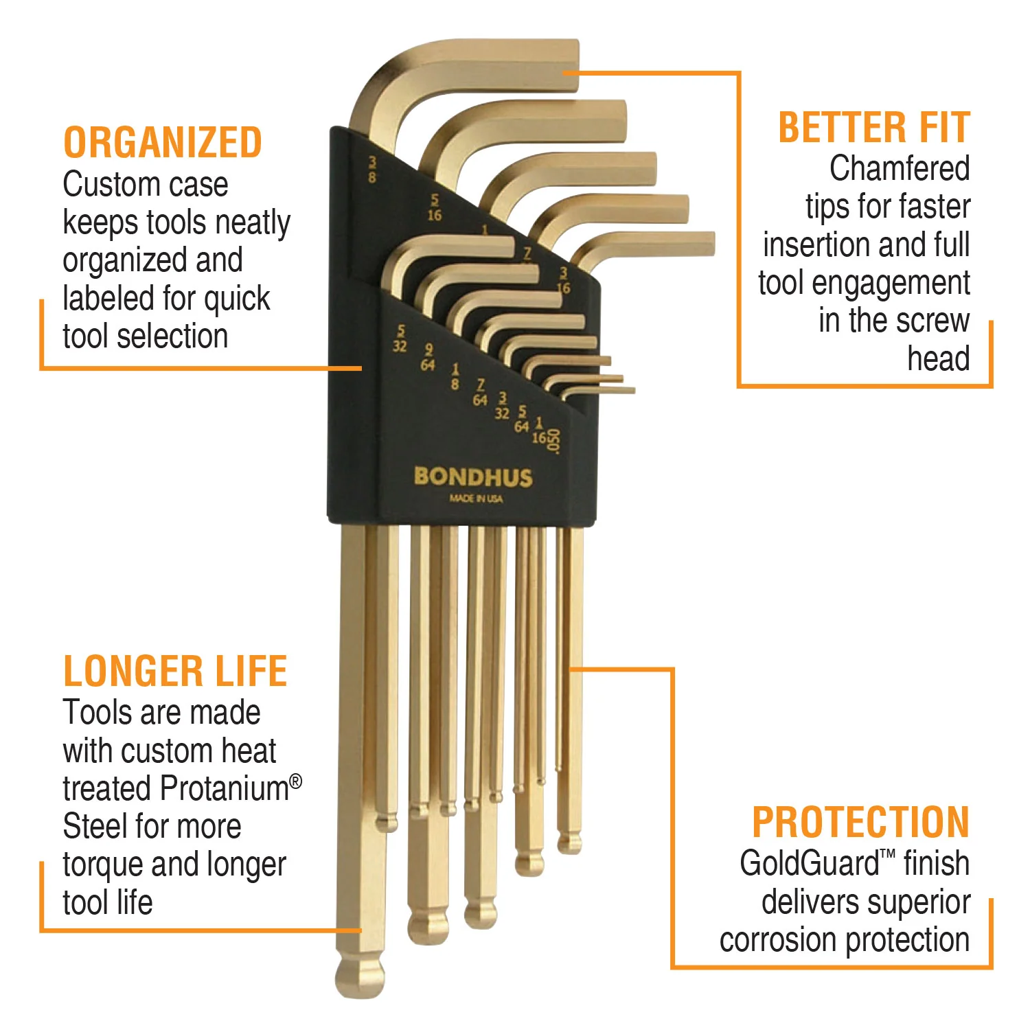 BONDHUS BLX10G Gold BallEnd Hex Keys 10pcs Imperial Set - Image 3