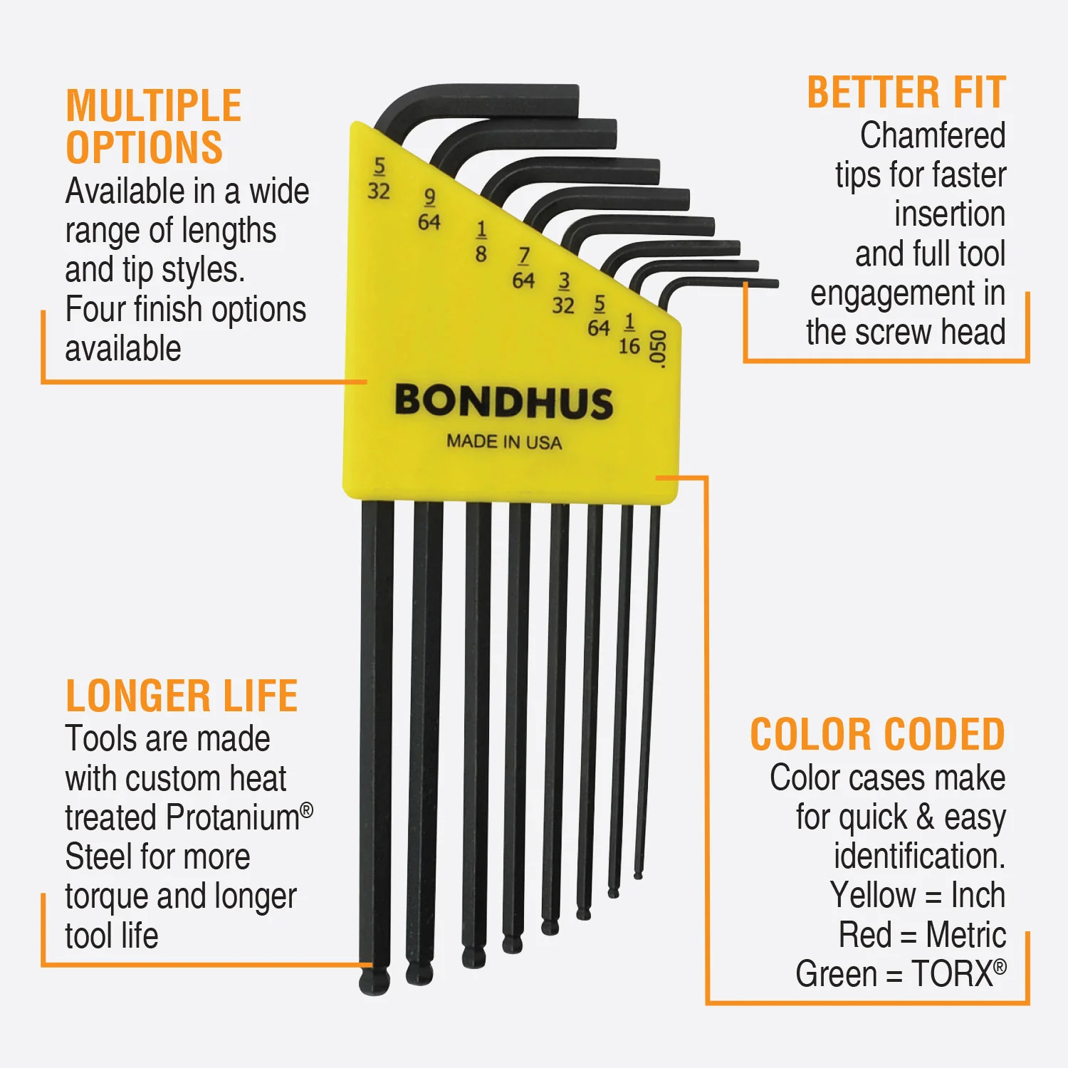 BONDHUS BLX8 BallEnd Hex Key 8pcs Imperial Set - Image 3
